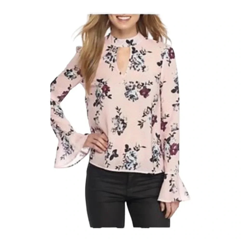 Living Doll Blouse with Keyhole Front Sz Medium Pink Floral Top Bell Sleeve NWT